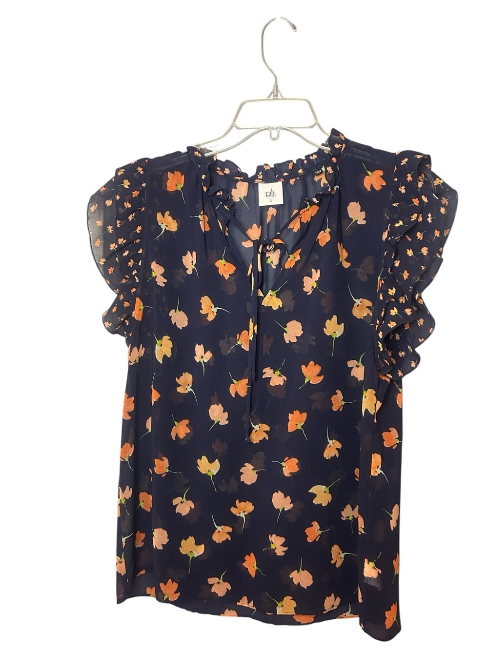 Cabi Navy Sheer Floral Ruffle Sleeve Blouse Small Tie Neck - Picture 2 of 11